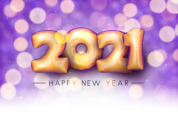 2021年金箔气球标志在模糊的紫色背景与闪亮的灯光 祝您新年快乐 病媒假日图解 — 图库矢量图片