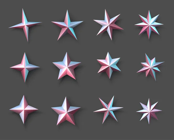 Conjunto Estrellas Metálicas Aisladas Tonos Rosa Azul Fondo Gris Ilustración — Archivo Imágenes Vectoriales
