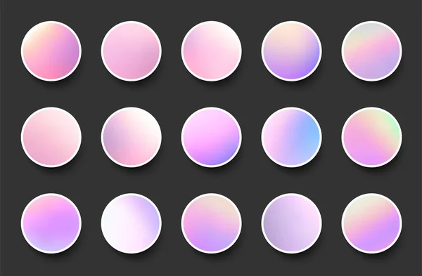 ピンクと青の色合いで丸みを帯びたホログラフィックグラデーション球ボタンのセット 黒の背景 ベクターウェブデザインイラスト — ストックベクタ