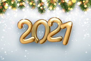 Açık mavi zemin üzerinde altın folyo 2021 balon tabelası. Üstünde parlak ışıklar olan ladin dalları. Vektör tatil illüstrasyonu.