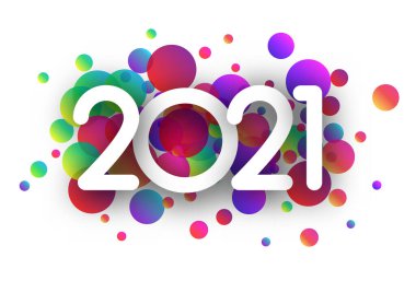 Büyük renkli konfeti arka planında 2021 kağıt tabelası. Vektör tatil illüstrasyonu.
