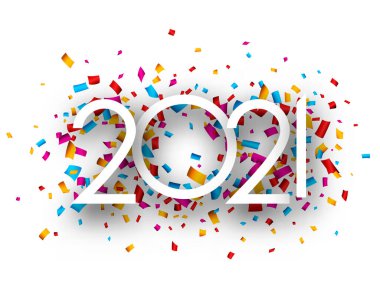 Çok renkli konfeti arka planında 2021 ince kağıt tabela. Vektör tatil illüstrasyonu.