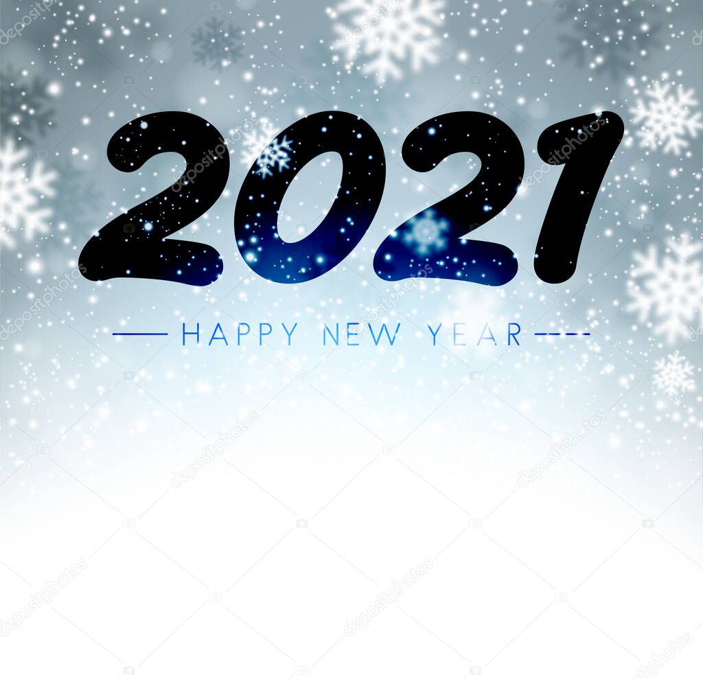 2021 drawn on misted glass. Happy new year sign. Black and blue background with snowflakes. Vector holiday illustration.