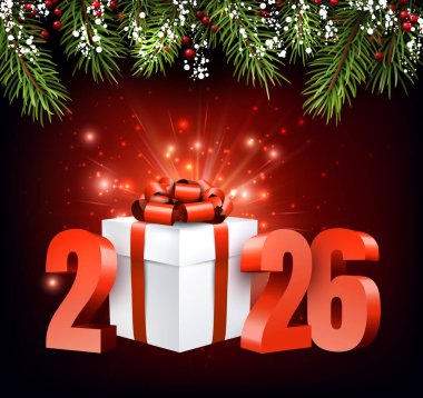 2026 yılının vektör illüstrasyonu. Kutusu, çam dalları ve ışıldayan tatil ışıkları..