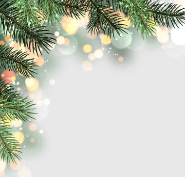 Yumuşak arka planda parlayan bokeh ışıkları olan yeşil çam dallarının vektör çizimi, Noel ve tatil tasarımları için mükemmel.