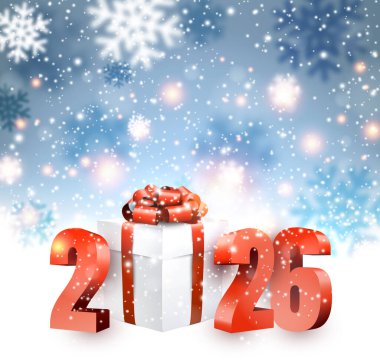 İçinde 2026 numara, hediye kutusu ve düşen kar taneleri olan şenlikli kış illüstrasyonu. Yeni yıl kutlama tasarımları için mükemmel. Vektör illüstrasyonu.