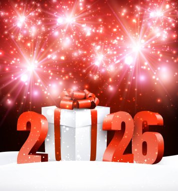 Parlak havai fişeklerin altında kırmızı kurdele bulunan bir yeni yıl hediye kutusunun vektör illüstrasyonu, bayram kutlaması konsepti.