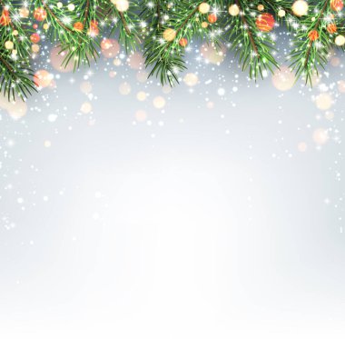 Parlak ışık ve bokeh ile Noel çam dallarının vektör illüstrasyonu, fotokopi alanı ile şenlikli bir tatil arkaplanı oluşturur.