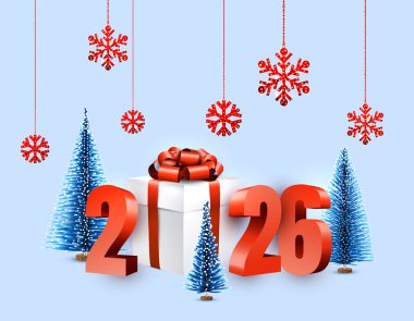 Kalın 2026 numaralı tatil tasarımı, mavi Noel ağaçları, kırmızı kar taneleri ve şenlikli hediye kutusu. Vektör illüstrasyonu.