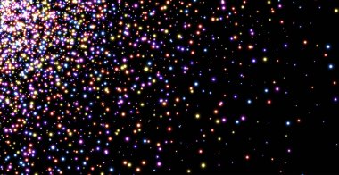 Karanlık arka plana saçılmış çok renkli parlayan ışıkların vektör çizimi, neşeli, yıldızlı ve büyülü bir atmosfer yaratıyor..