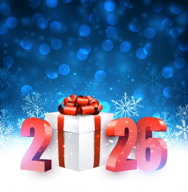 Süslü bir hediye kutusu, kırmızı kurdele, kar taneleri ve parlak mavi arka planla 2026 yılının vektör çizimi.
