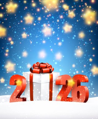 Hediye kutusu, parlayan yıldızlar, kar ve şenlikli yeni yıl arkaplanı ile 2026 numaranın vektör çizimi.