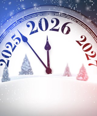 Karlı manzaralı ve 2026 yılbaşı temalı, gece yarısını gösteren festivalli bir yeni yıl geri sayım saatinin vektör çizimi.