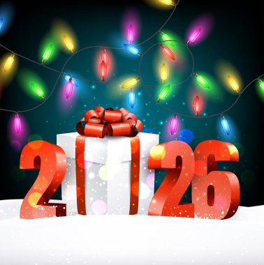 Hediye kutusu, kırmızı kurdele ve parıldayan renkli ışıklarla 2026 'nın vektör illüstrasyonu, yeni yılı ve neşeyi simgeliyor..