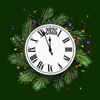 Çam dalları ve renkli konfetilerle 2026 'nın gece yarısını vuran saatin vektör çizimi, bayram kutlamalarını sembolize ediyor..