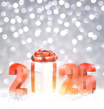 Kırmızı kurdele ve fiyonk ile sarılı beyaz hediye kutusu ve büyük kırmızı numaralar içeren tatil illüstrasyonları. Arka planda parlayan bokeh ışıkları yeni yıl ya da Noel atmosferi yaratıyor.