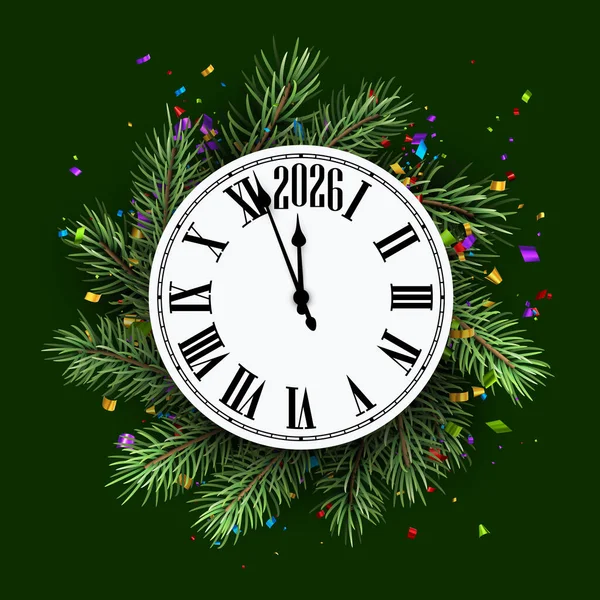 Çam dalları ve renkli konfetilerle 2026 'nın gece yarısını vuran saatin vektör çizimi, bayram kutlamalarını sembolize ediyor..