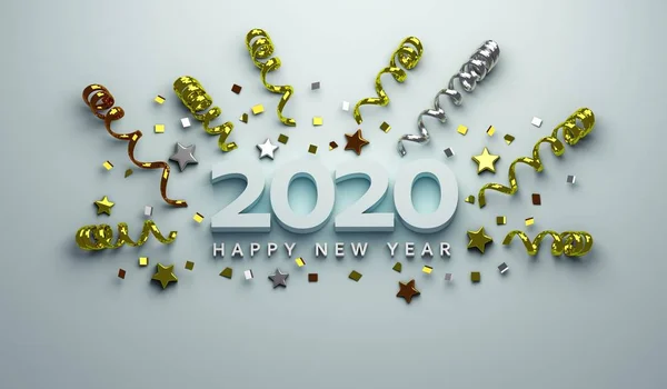 Happy New Year 2020 of gold confetti stars text and 2020 number for holiday greeting card . 3D Render Illustration