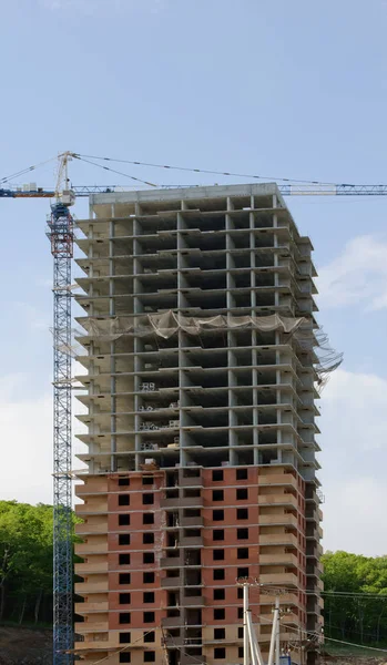 Bir sitede inşaat evde mavi gökyüzü karşı vinç