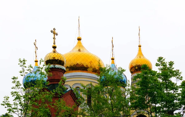 Cathedral of the Protection of the Holy Virgin, Vladivostok, Russia, in the foreground Church of St. John of Kronstadt — Stock Photo, Image