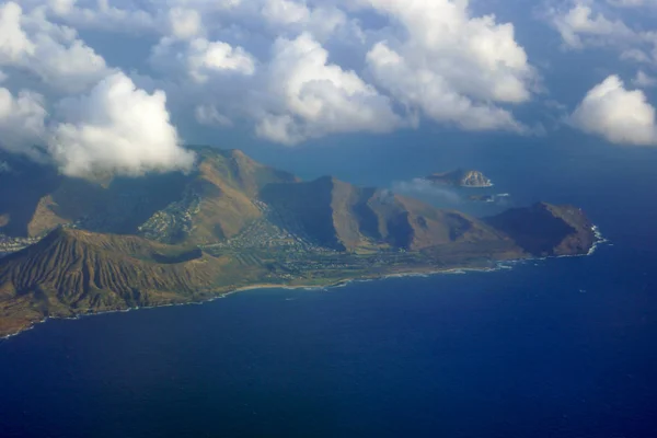 Aerial view of Sandy Beach, Rabbit and, Rock Islands, Makapuu Point, clouds and Pacific Ocean on Oahu, Hawaii.  On a spectacular day.