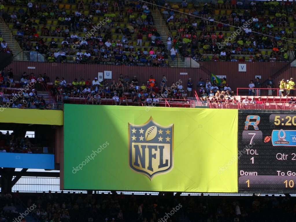 Honolulu - January 31, 2016: NFL Logo on billboard at ProBowl Game with crowd in the stands taken at the Aloha Stadium in Honolulu, Hawaii.