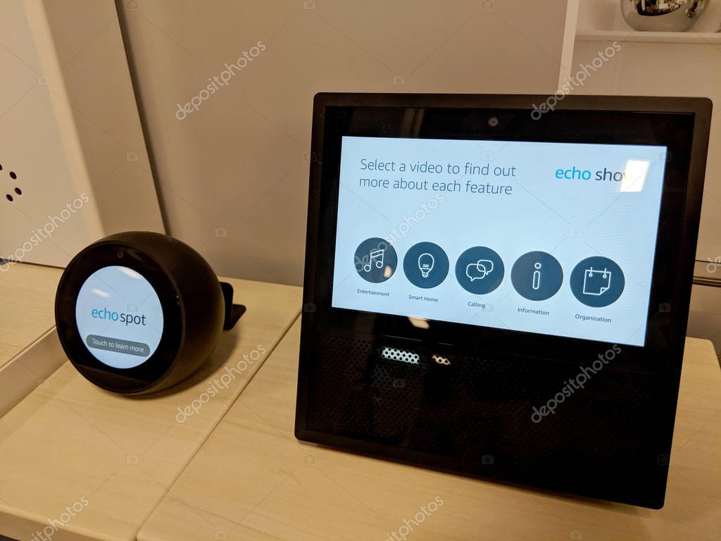 Honolulu - March 7, 2018: Echo Show and Echo Spot on Display at Best Buy.  Amazon Echo Show and Spot is a smart speaker that is part of the Amazon Echo line of products. Similarly to other devices in the family, it is designed around Amazon's virtual