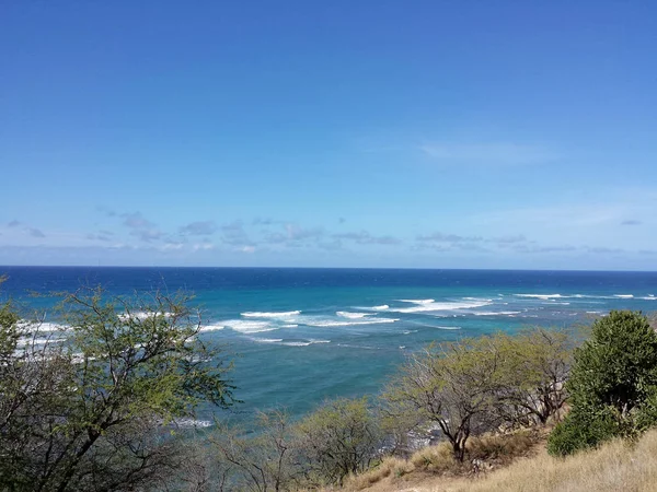 Widokiem Ocean Diamond Head Lookout Fale Kroczących Brzegu Drzewa Zboczu — Zdjęcie stockowe