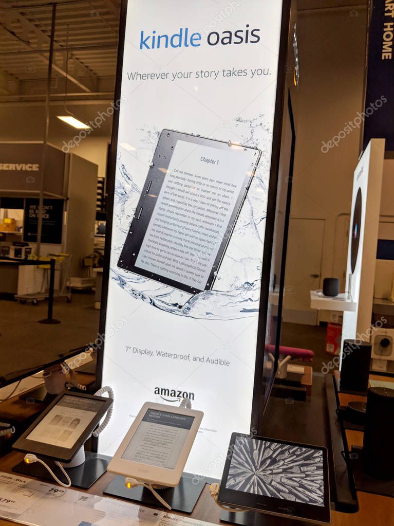 Honolulu - May 3, 2018: Amazon Kindle Oasis on display in Honolulu Best Buy store.  Amazon is an American international electronic commerce company. It is the world's largest online retailer.
