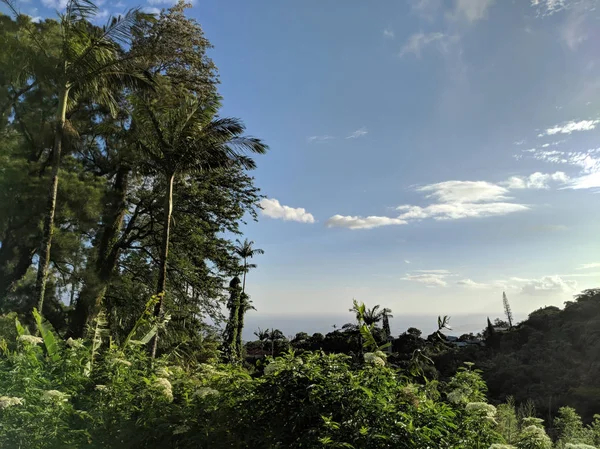 Bergblick Auf Tropische Silhouette Mit Spärlichen Wolken Flughafen Und Meer — Stockfoto