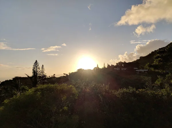 Sonnenuntergang Vorbei Tropischen Baumsilhouetten Durch Die Wolken Auf Oahu Hawaii — Stockfoto