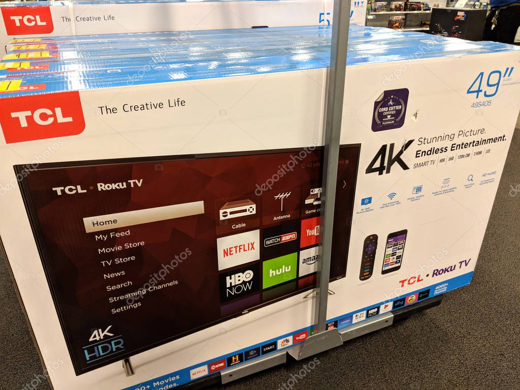 Honolulu - May 29, 2018:  TCL Roku TVs on display at Best Buy. The Roku Streaming Player, or simply Roku, is a series of streaming players manufactured by Roku, Inc. Roku partners provide over-the-top content in the form of channels.
