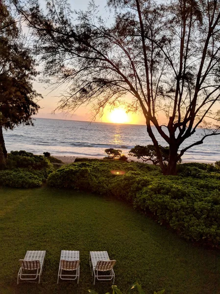 Sillas Césped Sientan Hierba Frente Playa Waimanalo Mirando Hacia Océano — Foto de Stock