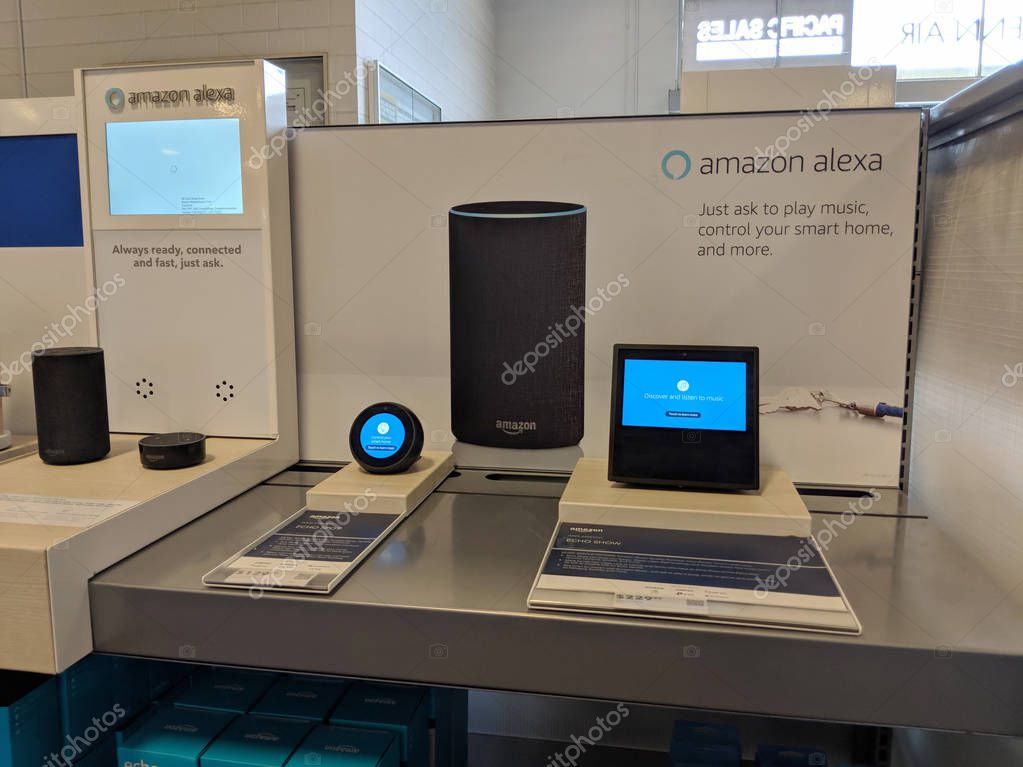 Honolulu -  August 10 2018: Echo Dot (2nd Generation), Dot, Show - Smart speaker with Alexa - Black on display. Similarly to other devices in the family, it is designed around Amazon's virtual assistant Alexa.