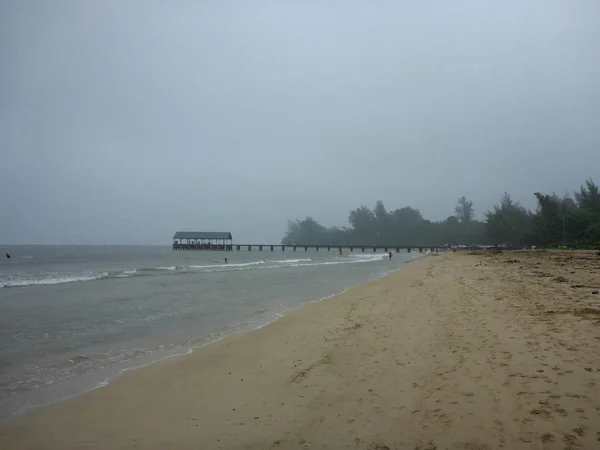 Hanalei Pier Und Strand Einem Nebligen Tag Auf Kauai Hawaii — Stockfoto