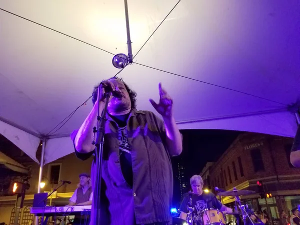 Man chante pendant que Band joue sur scène au St. Patrick's Day Block Part — Photo