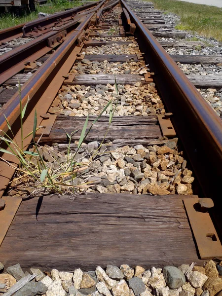 Railroad tracks running into distance with a track switch