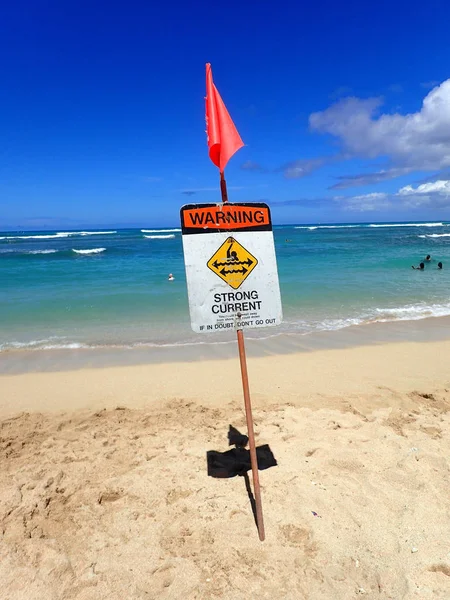 Waikiki Beach with Warning Strong Current Sign