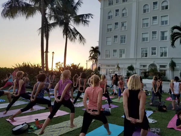 Large group of People do yoga at  Vino and Vinyasa event — Stock Photo, Image