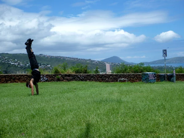 夏威夷瓦胡岛 一个身穿鞋子 手套和无袖衬衫的强壮男人站在草地上 旁边是拉瓦岩墙和城市景观 公园位于凯穆基山顶 到处都是涂鸦 — 图库照片