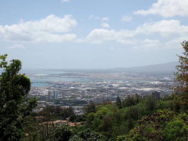 Vista Montaña Del Paisaje Urbano Honolulu Con Aeropuerto Edificios Parques — Foto de Stock