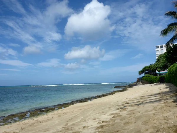 Hawaii, Oahu 'da harika bir günde Makalei Sahili' nde dalgalar, napakaa, lav kaya duvarı ve Hindistan cevizi ağaçları..