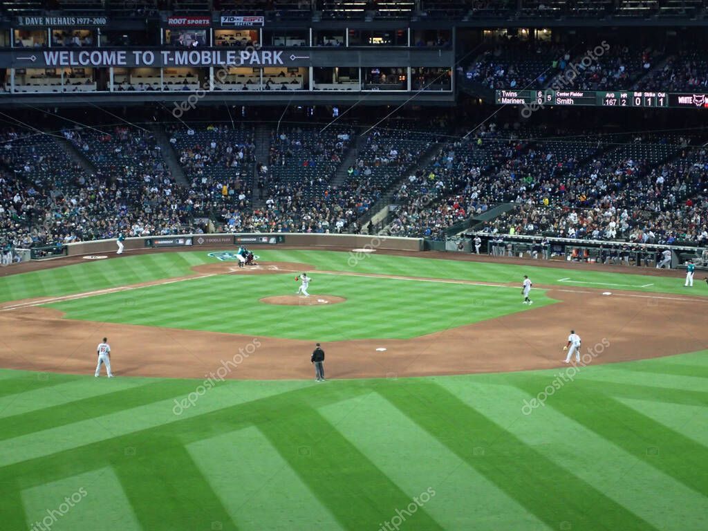 SEATTLE - May 17, 2019: Pitcher steps forward to throw pitch to batter during baseball game at Safeco Field, Seattle.