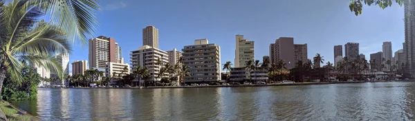 Ala Wai Canal Hotels Condos Coconut Trees Nice Day Waikiki — Stock Photo, Image