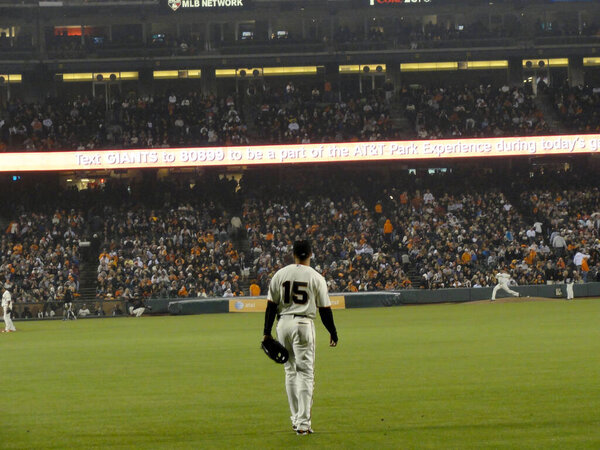 SAN FRANCISCO, CA - AUGUST 27: Giants vs. Astros: Giants right fielder Carlos Beltran stands in the outfield waiting for play during night baseball game on August 27, 2011 AT&T Park San Francisco.