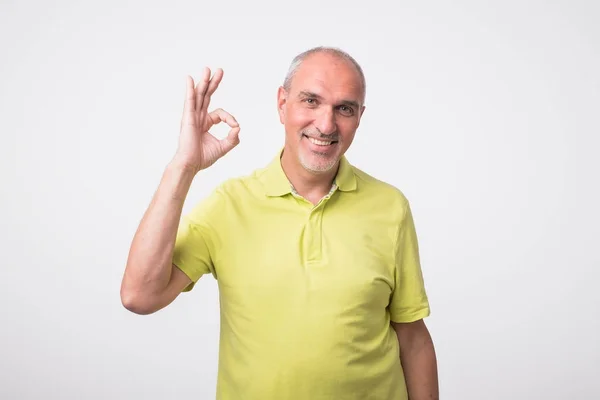 Ein gutaussehender Mann in kariertem Hemd, isoliert auf grauem Hintergrund, zeigt ok Zeichen — Stockfoto