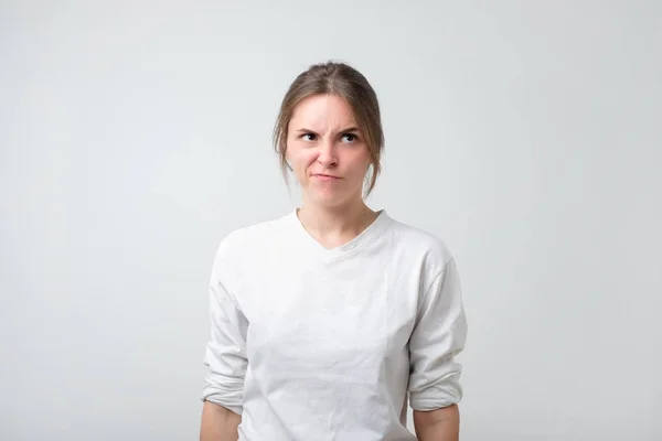 Portrait Upset Unsatisfied European Woman She Frowning Her Nose Irritated — Stock Photo, Image