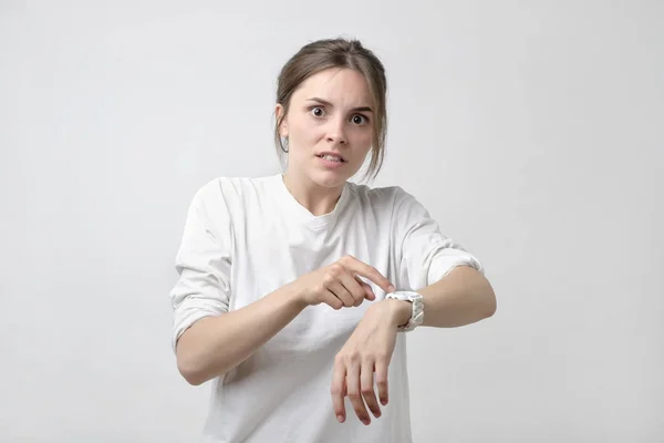 Young Pretty Caucasian Student Angry Because Being Late She Showing — Stock Photo, Image