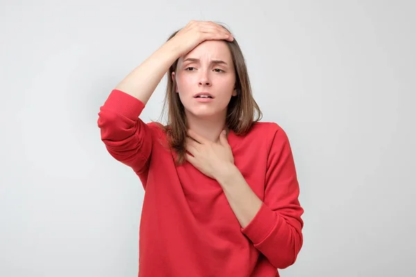 Young European Woman Red Sweater Fever She Ill Tired Need — Stock Photo, Image