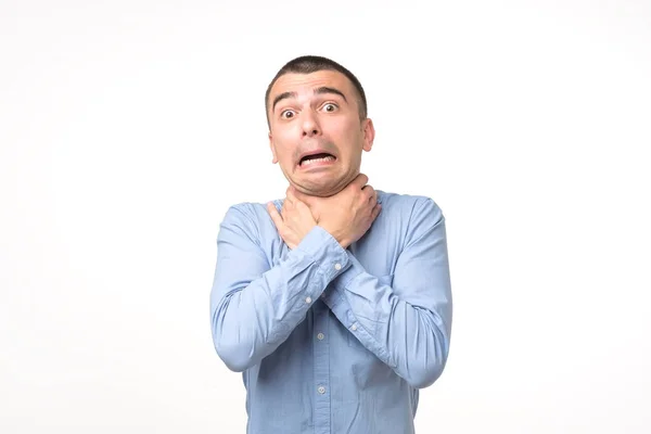 Young Spanish Man Blue Shirt Having Asthma Attack Choking Suffering — Stock Photo, Image